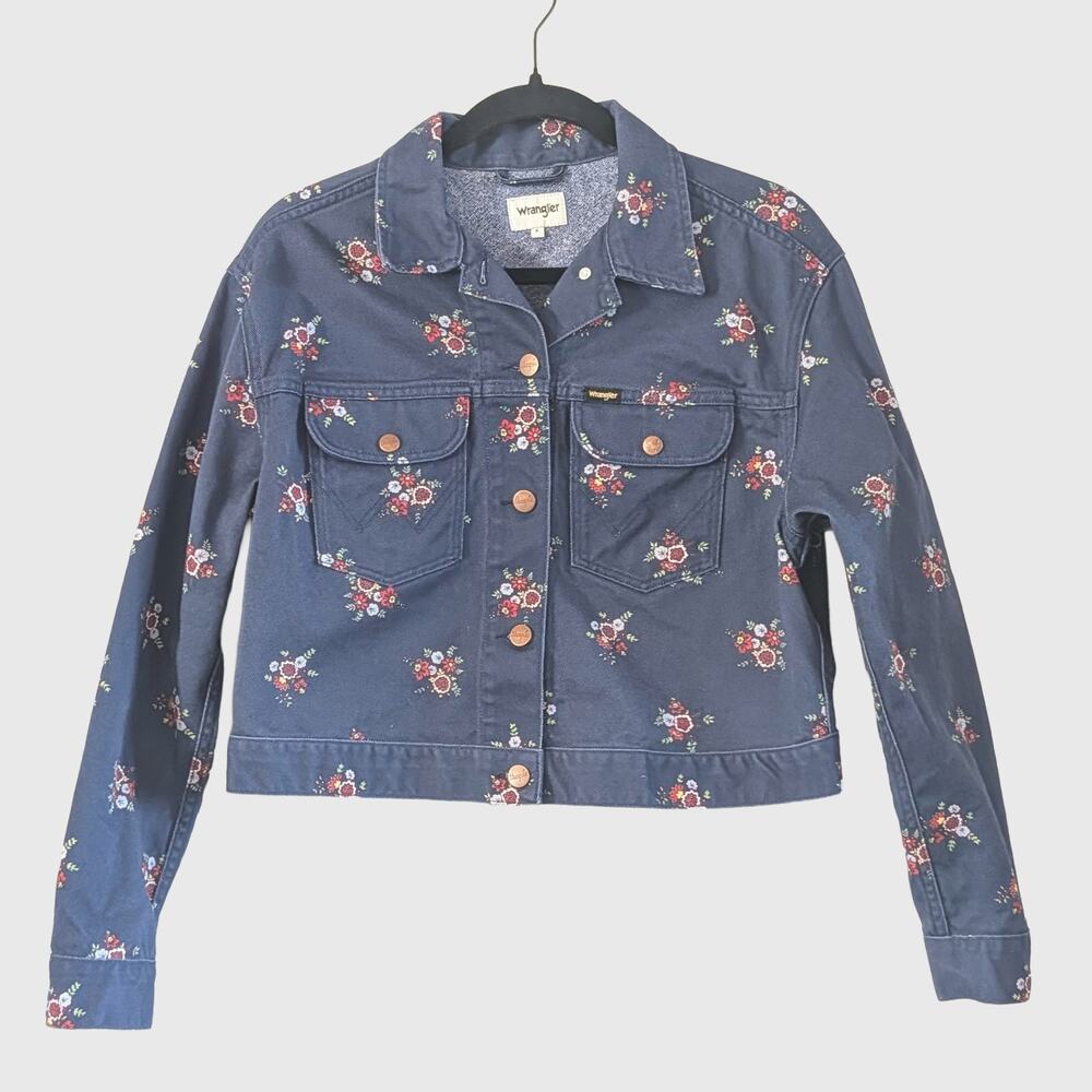 Wrangler Retro Crop Jacket S Blue Floral Denim Western Cotton Cropped